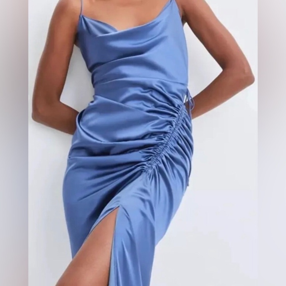 VERONICA BEARD Natasha Steel Blue Ruched Slip Dress